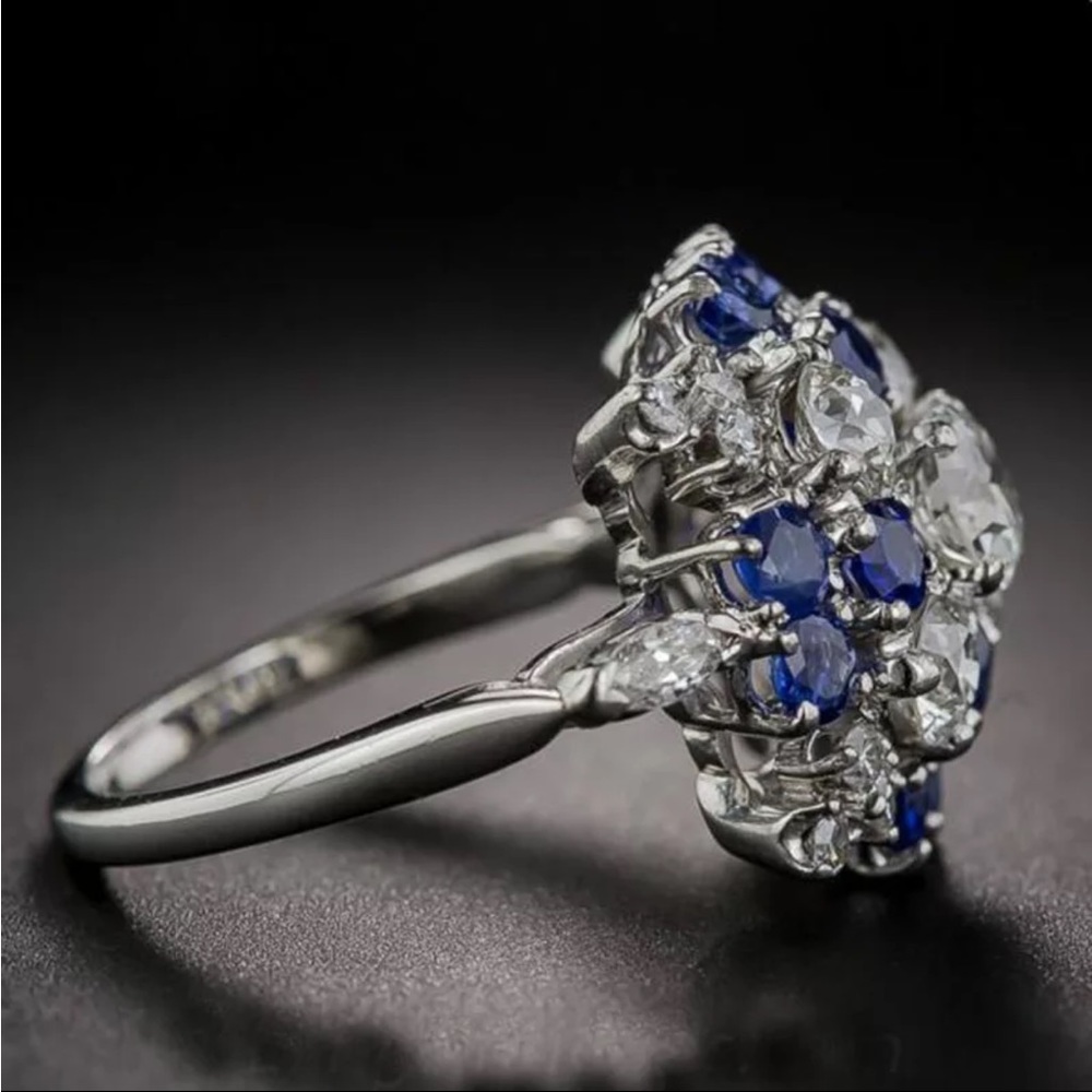 New 925 Flower Shape Blue Zircon Wedding Love Engagement Ring - Picture 4 of 6